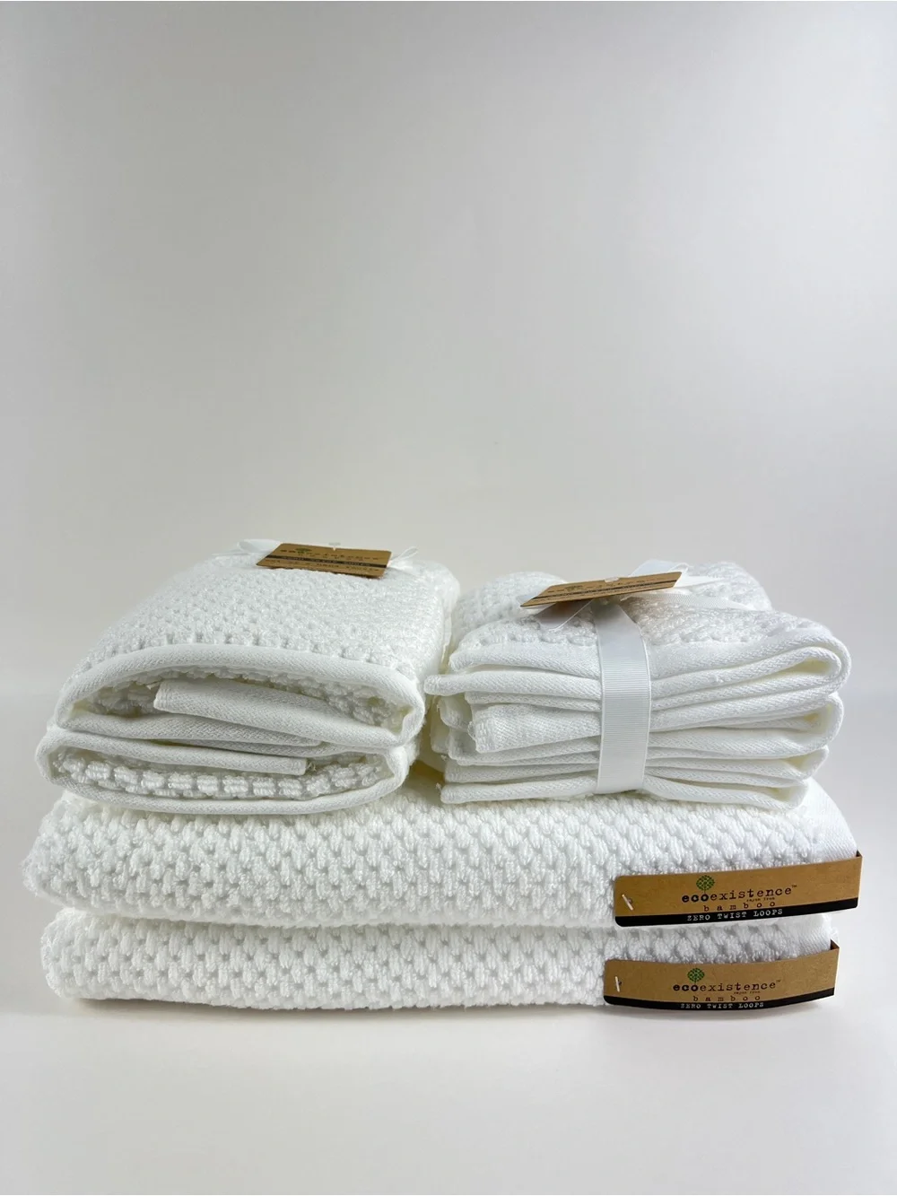 Ecoexistence Bamboo Bath Towel Set White Zero Twist Loops Soft Textured 8 Pc NEW